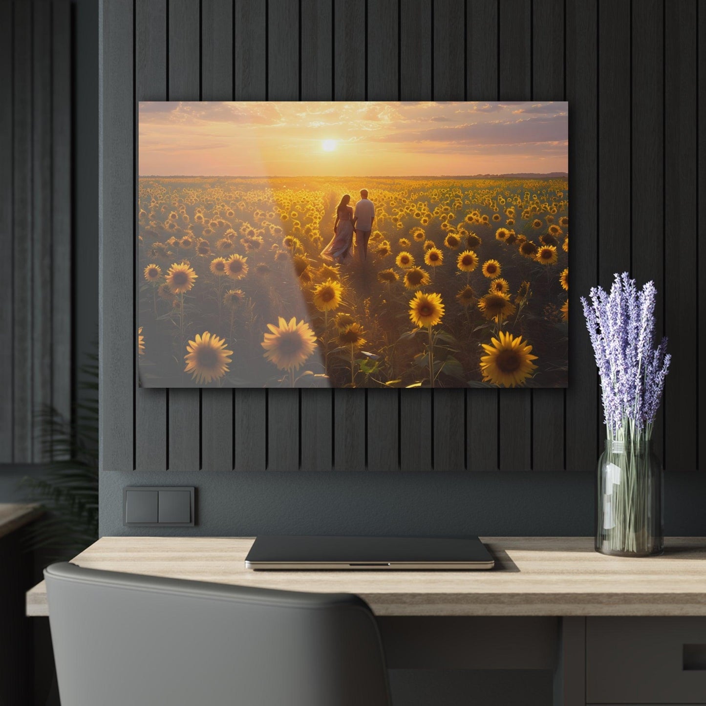 Couple Walks Hand in Hand Through Sunflower Field Acrylic Artwork (Horizontal) - Milestone Acrylic