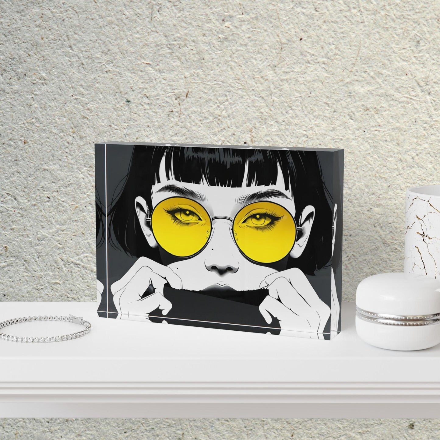 Woman With Yellow Glasses Acrylic Display Block