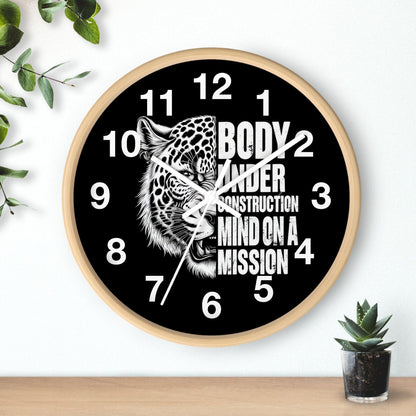 'Body Under Construction Mind On A Mission ' Wall Clock, Acrylic Glass Face – Stylish Home Decor for Creative Spaces