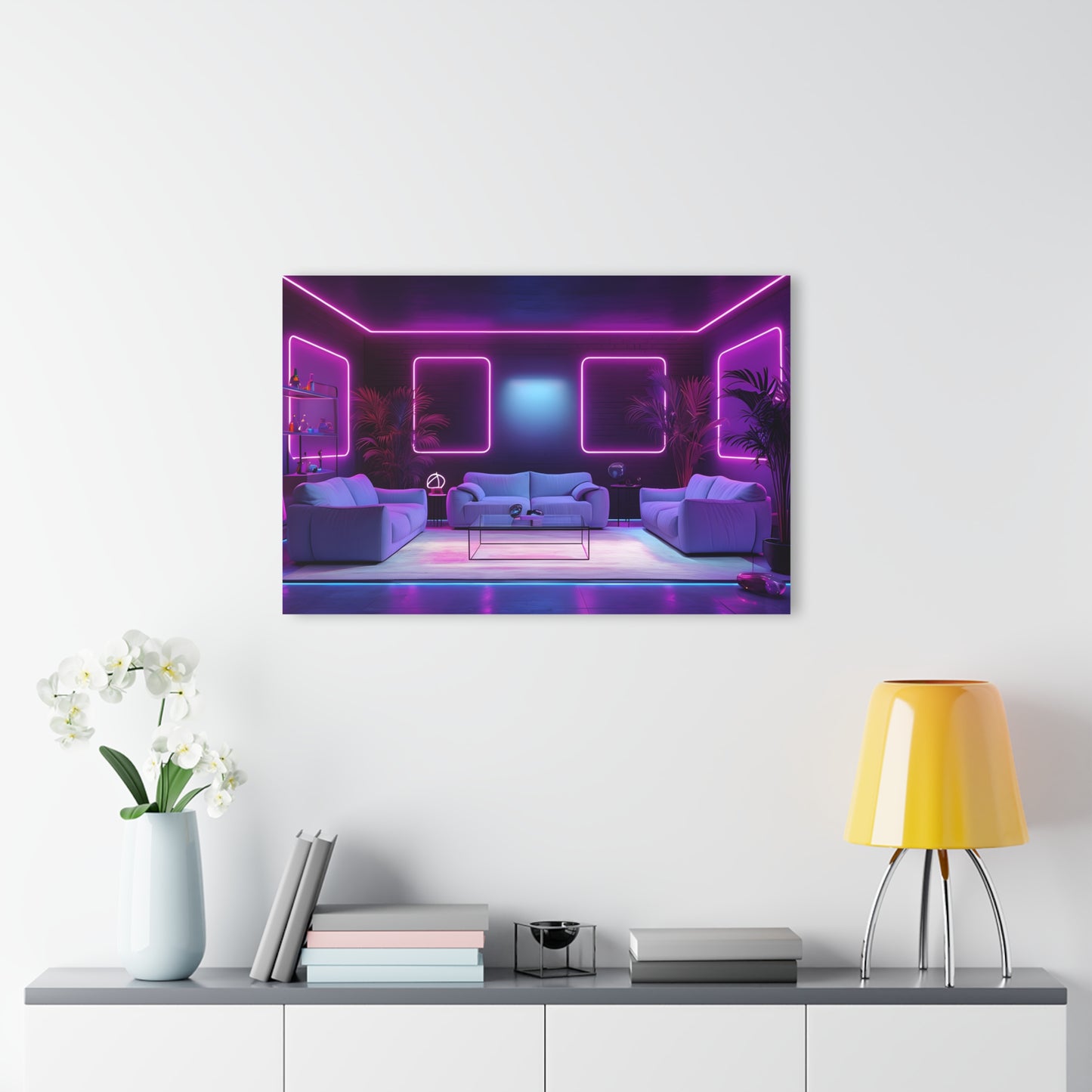 Modern Neon-Lit Living Room With Futuristic Ambiance, Acrylic Glass, Wall art