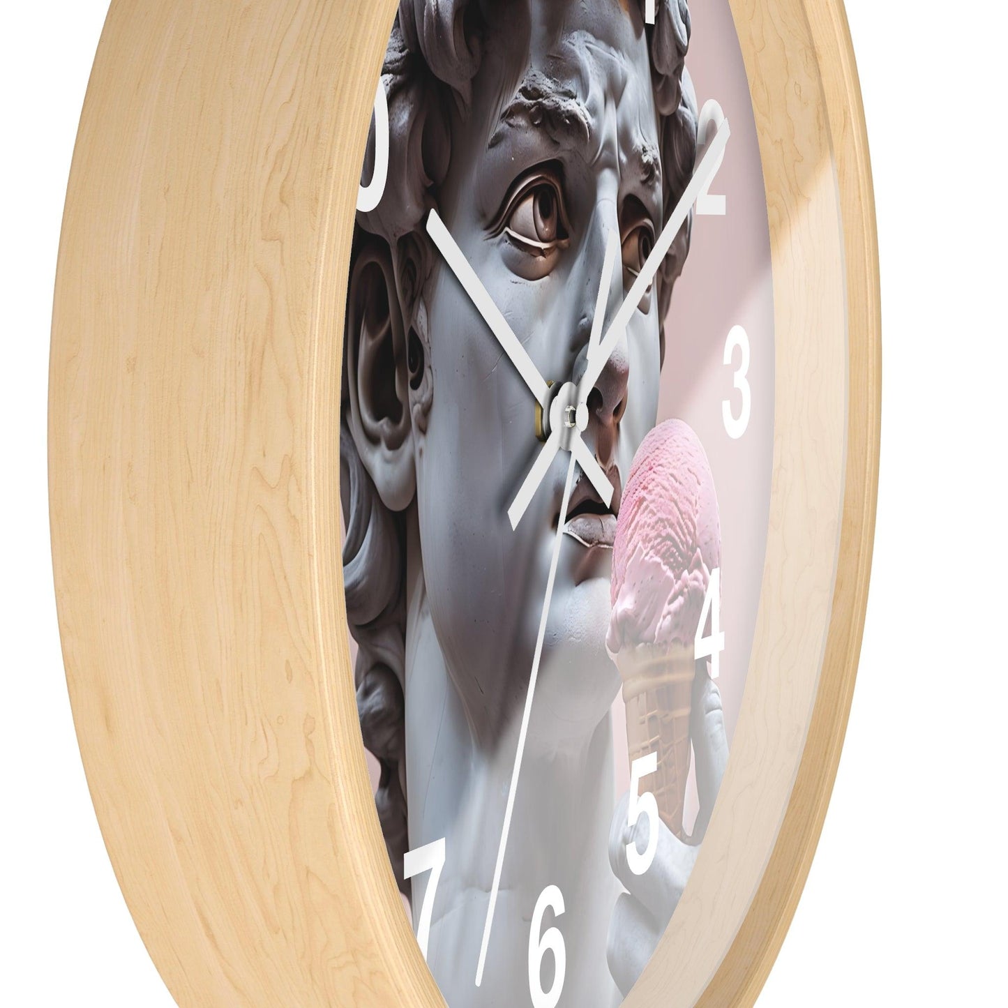 'David Statue Holding Pink Ice Cream' Wall Clock, Acrylic Glass Face – Stylish Home Decor for Creative Spaces