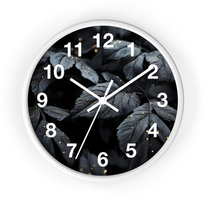 'Dark Leaves With Golden Dewdrops' Wall Clock, Acrylic Glass Face – Stylish Home Decor for Creative Spaces