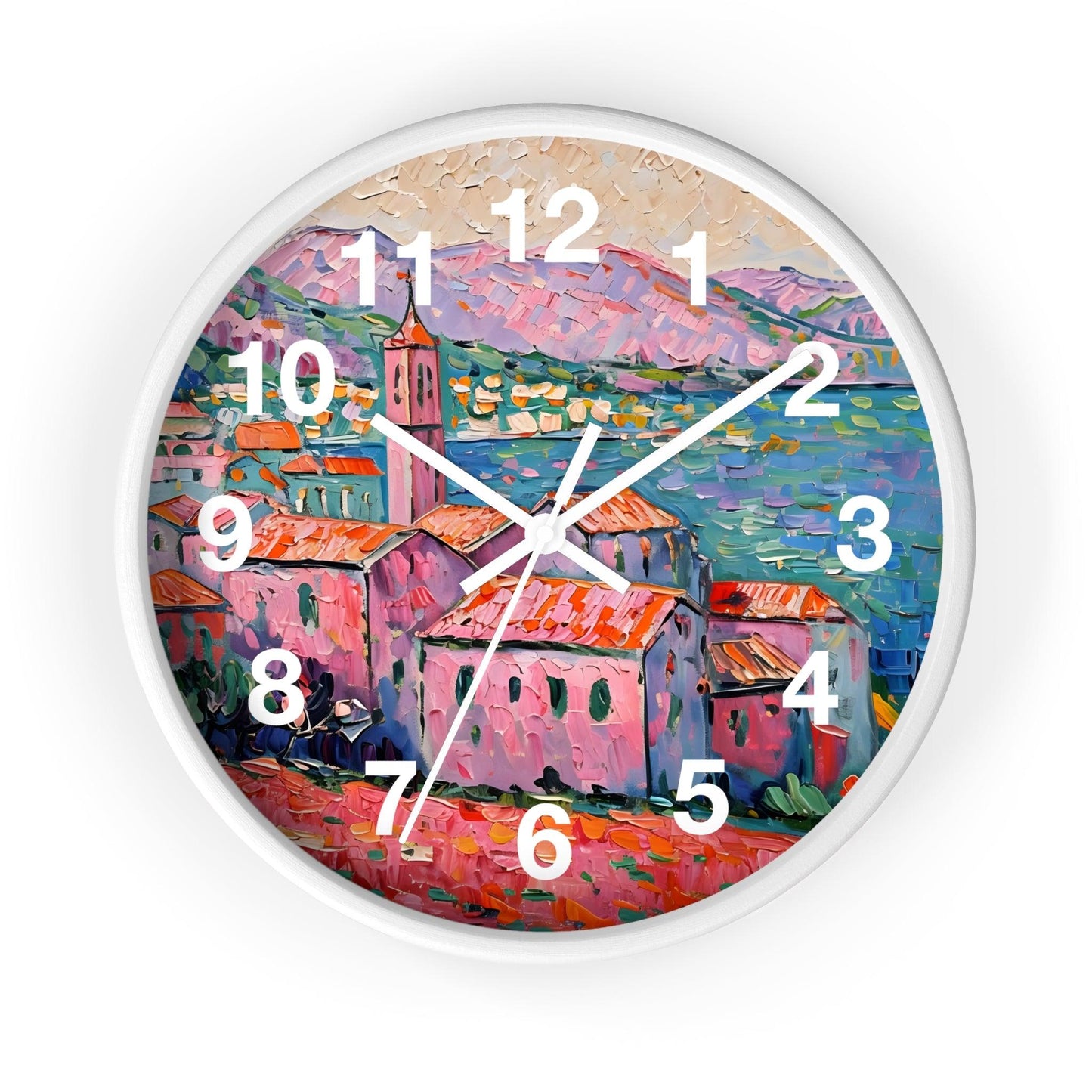 'Impressionist Coastal Village' Wall Clock, Acrylic Glass Face – Stylish Home Decor for Creative Spaces