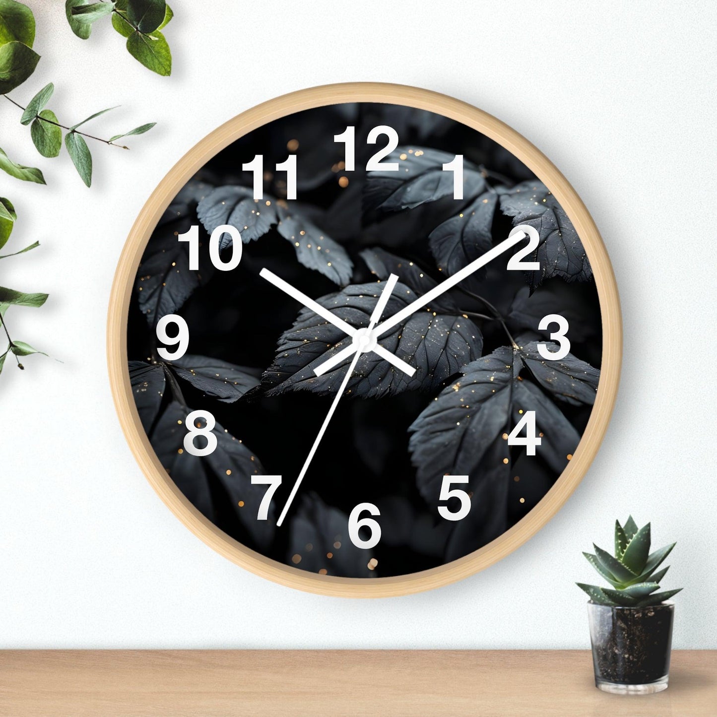 'Dark Leaves With Golden Dewdrops' Wall Clock, Acrylic Glass Face – Stylish Home Decor for Creative Spaces