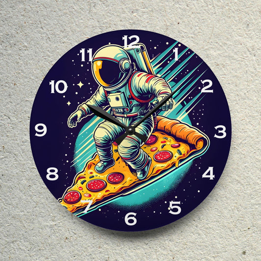 Astronaut Surfing on Pizza Acrylic Wall Clock - Elegant Home Decor - Milestone Acrylic