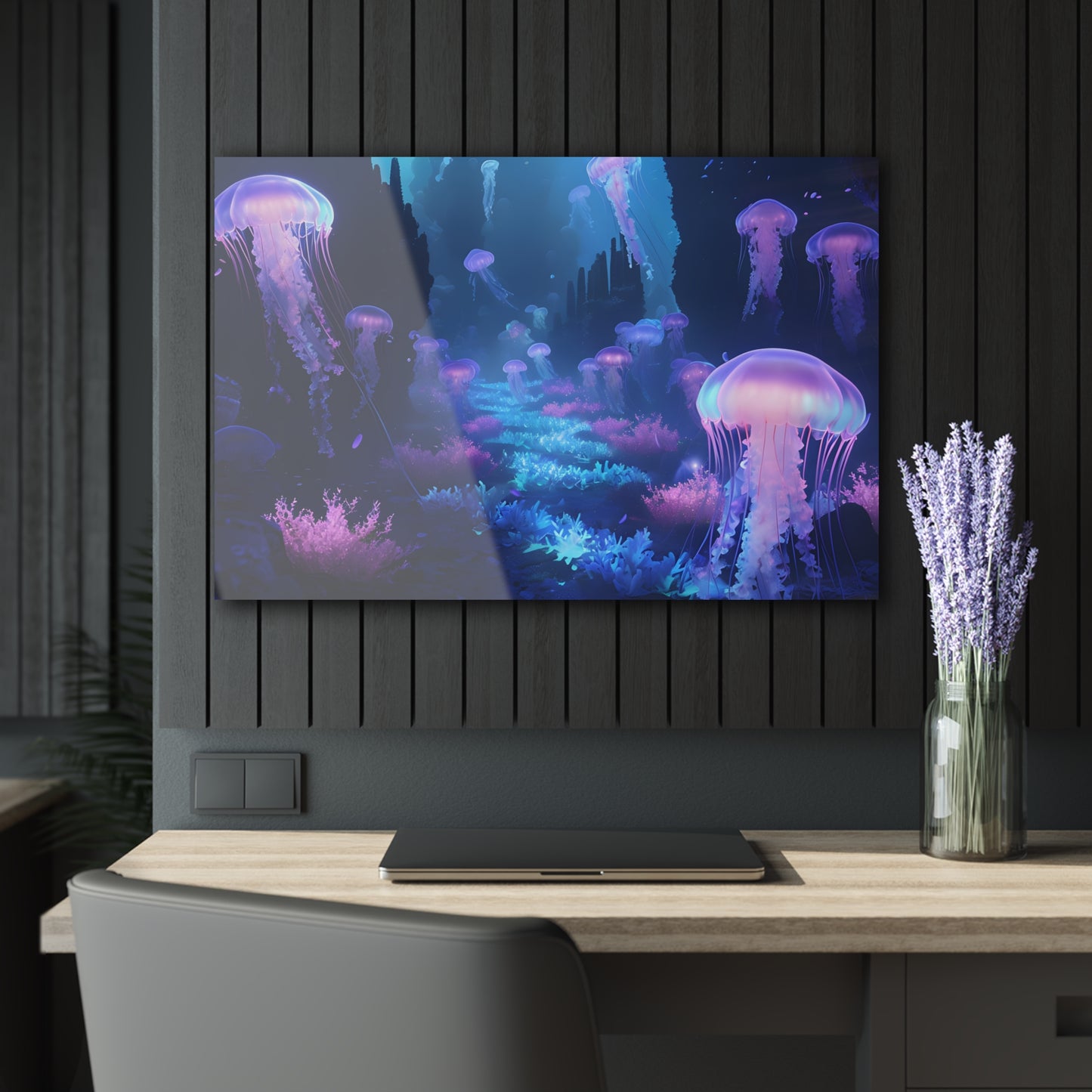 Underwater Scene with Glowing Jellyfish, Acrylic Glass, Wall art