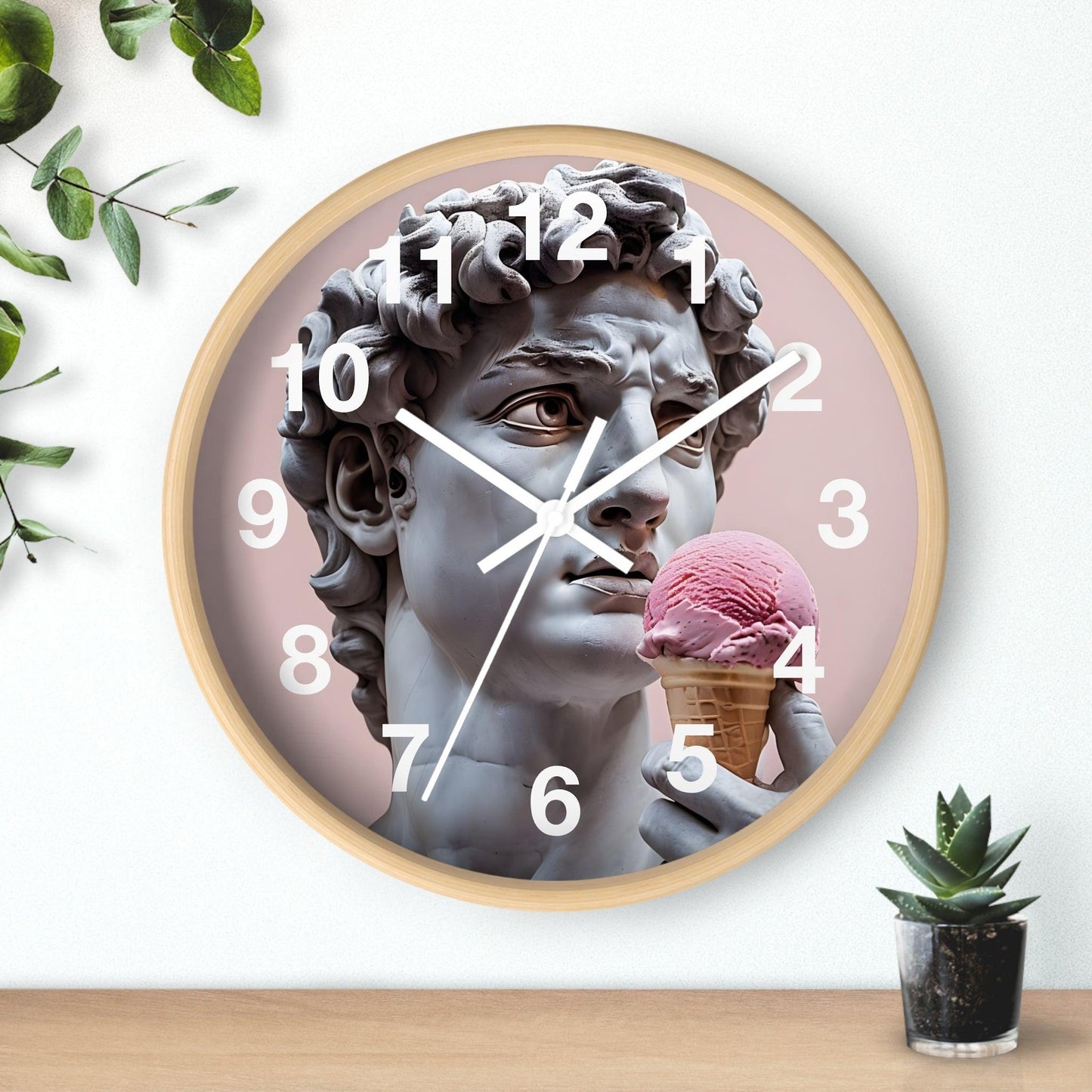 'David Statue Holding Pink Ice Cream' Wall Clock, Acrylic Glass Face – Stylish Home Decor for Creative Spaces