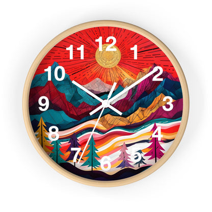 'Abstract Illustration of Stylized Mountainous Landscape' Wall Clock, Acrylic Glass Face – Stylish Home Decor for Creative Spaces