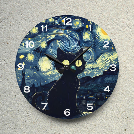 Cat Under Starry Night-Inspired Acrylic Wall Clock - Elegant Home Decor - Milestone Acrylic