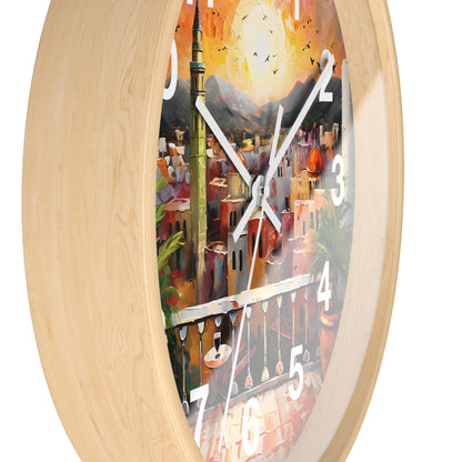 'Sunset Over Arabian City With Lush Terrace' Wall Clock, Acrylic Glass Face – Stylish Home Decor for Creative Spaces