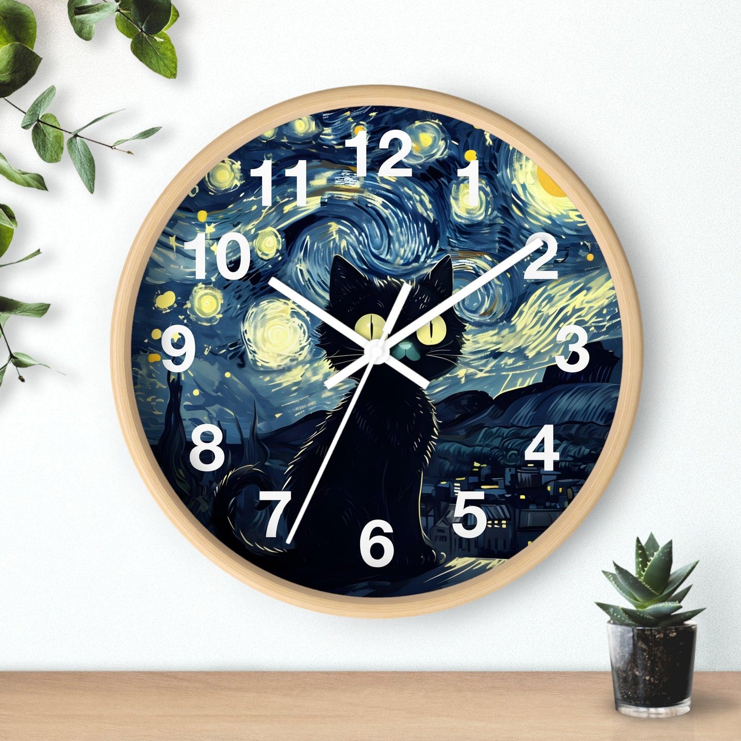 'Cat Under Starry Night-Inspired ' Wall Clock, Acrylic Glass Face – Stylish Home Decor for Creative Spaces