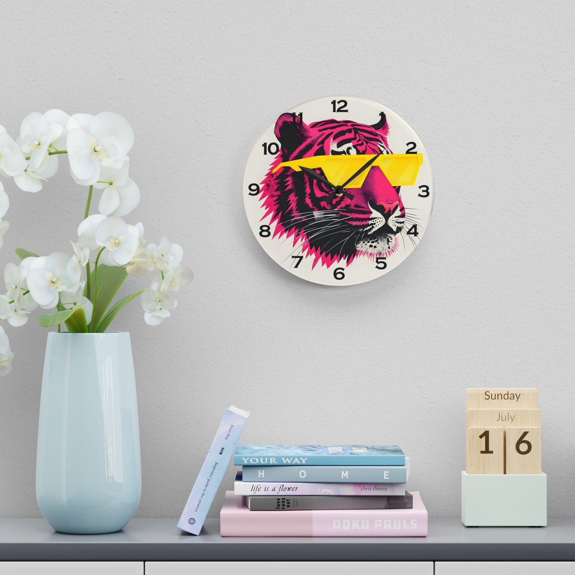 Pink Tiger With Sunglasses Acrylic Wall Clock - Elegant Home Decor - Milestone Acrylic