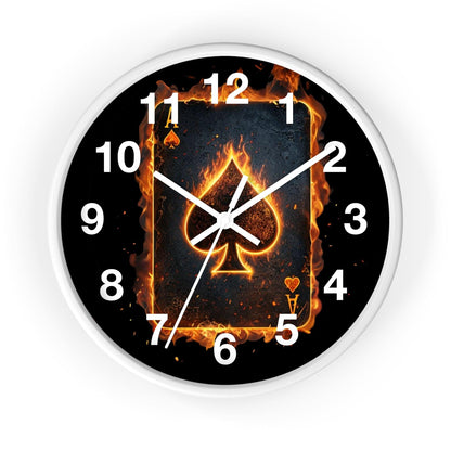 'Ace of Spades Playing Card Engulfed in Intense Flames' Wall Clock, Acrylic Glass Face – Stylish Home Decor for Creative Spaces