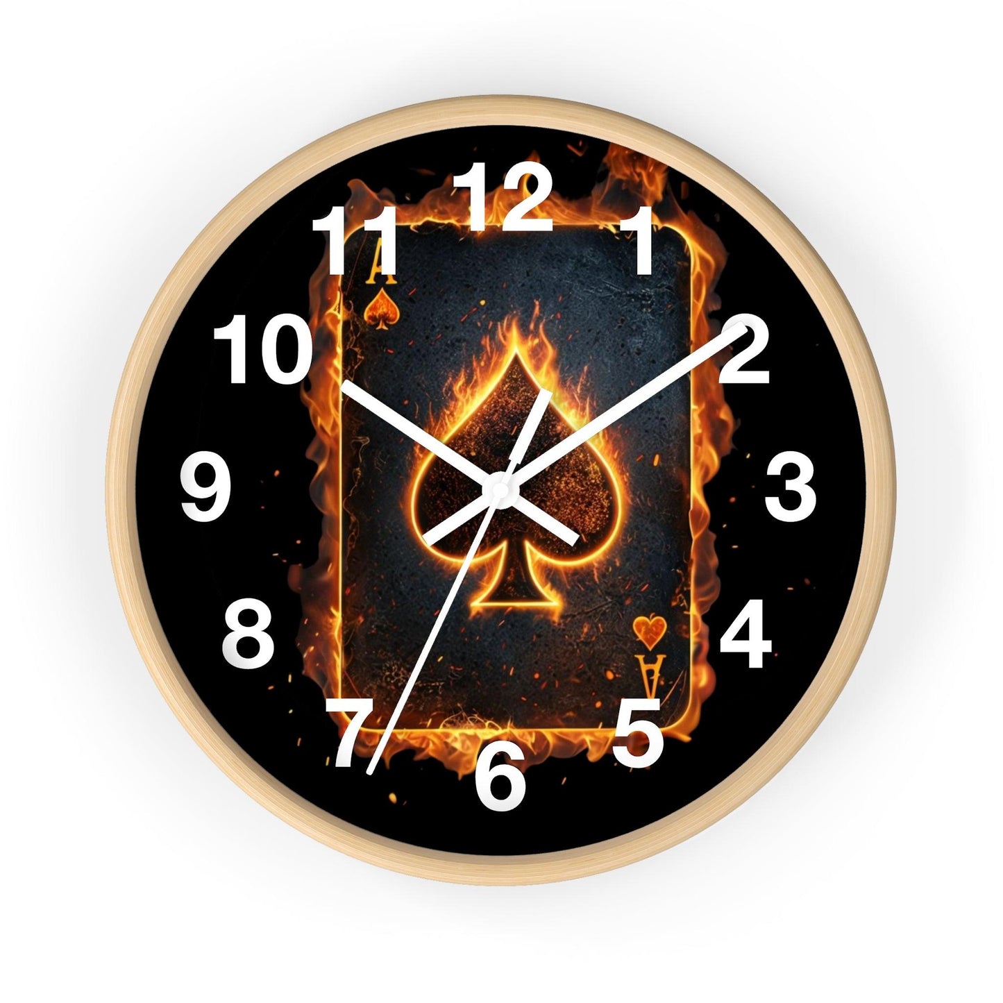 'Ace of Spades Playing Card Engulfed in Intense Flames' Wall Clock, Acrylic Glass Face – Stylish Home Decor for Creative Spaces