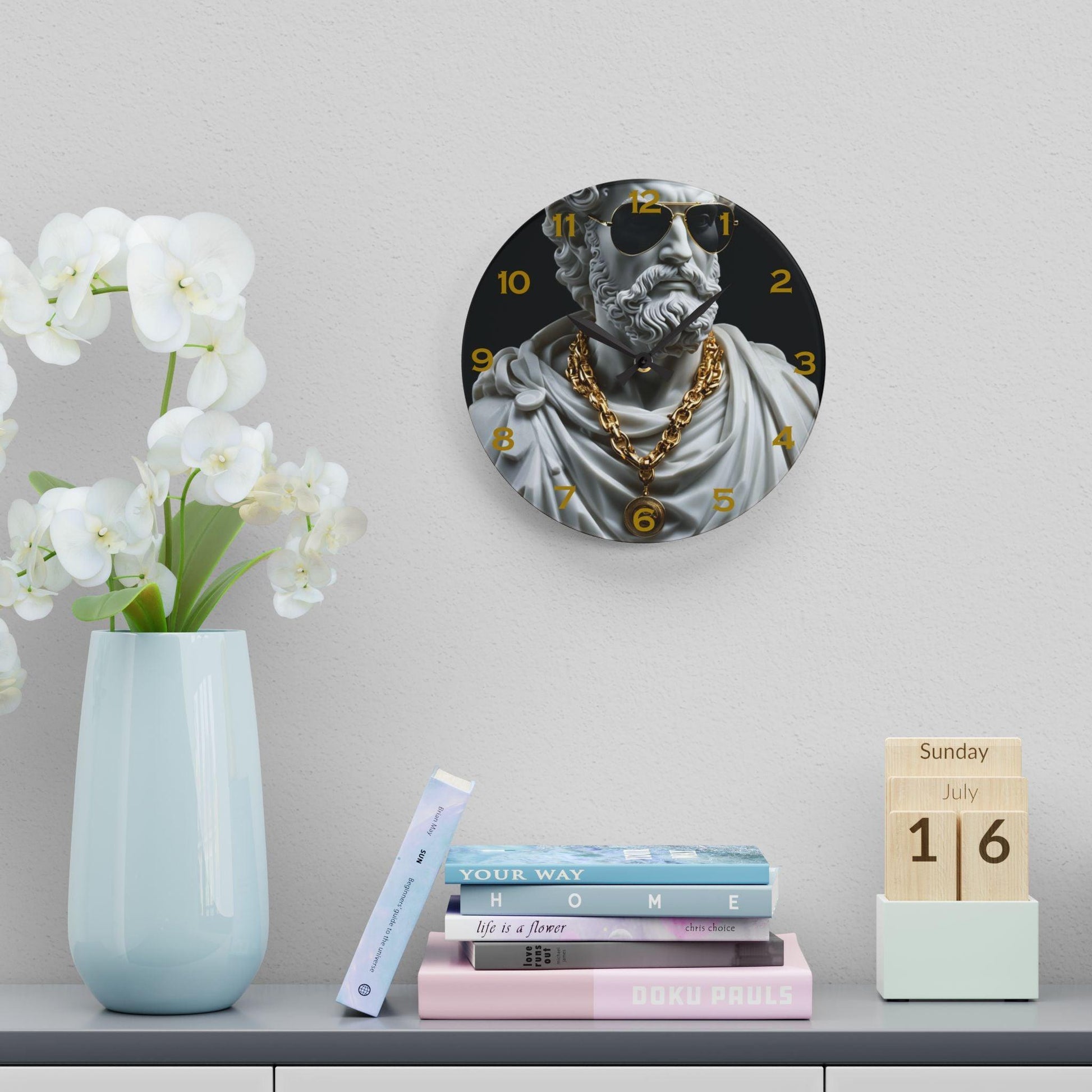 Classical Marble Sculpture With Modern Sunglasses And Gold Chains Acrylic Wall Clock - Elegant Home Decor - Milestone Acrylic