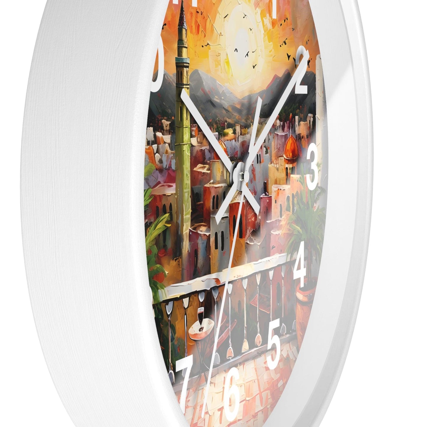 'Sunset Over Arabian City With Lush Terrace' Wall Clock, Acrylic Glass Face – Stylish Home Decor for Creative Spaces