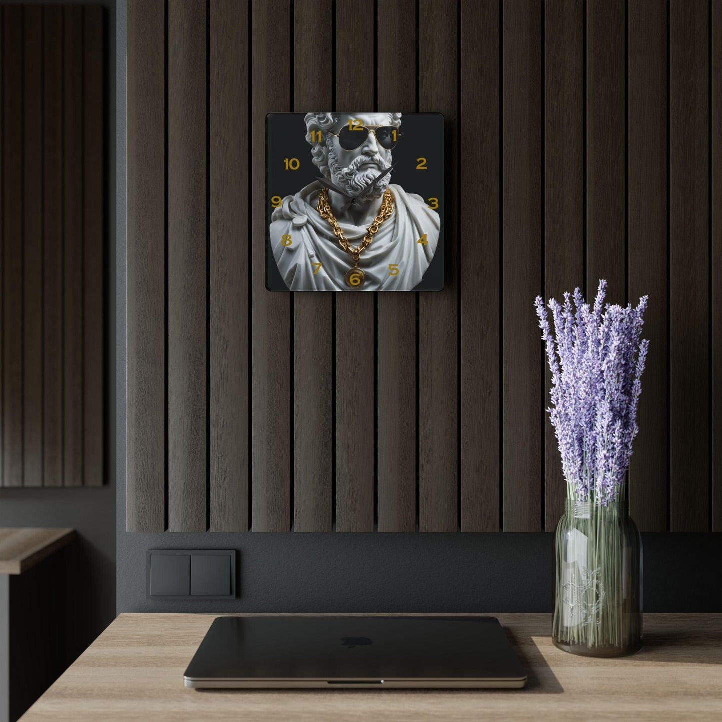 Classical Marble Sculpture With Modern Sunglasses And Gold Chains Acrylic Wall Clock - Elegant Home Decor - Milestone Acrylic