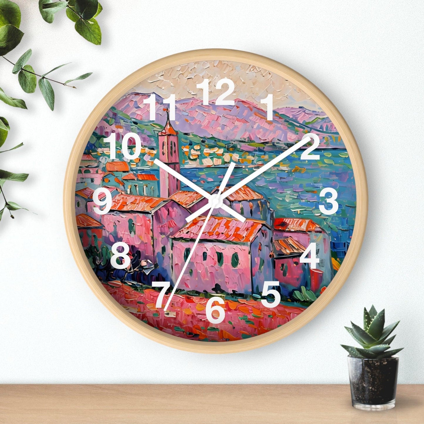 'Impressionist Coastal Village' Wall Clock, Acrylic Glass Face – Stylish Home Decor for Creative Spaces