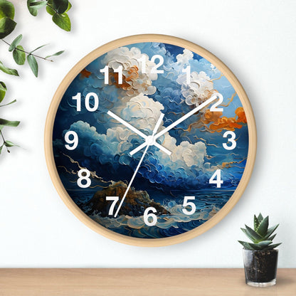 'Abstract Dynamic Clouds Over a Serene Ocean' Wall Clock, Acrylic Glass Face – Stylish Home Decor for Creative Spaces