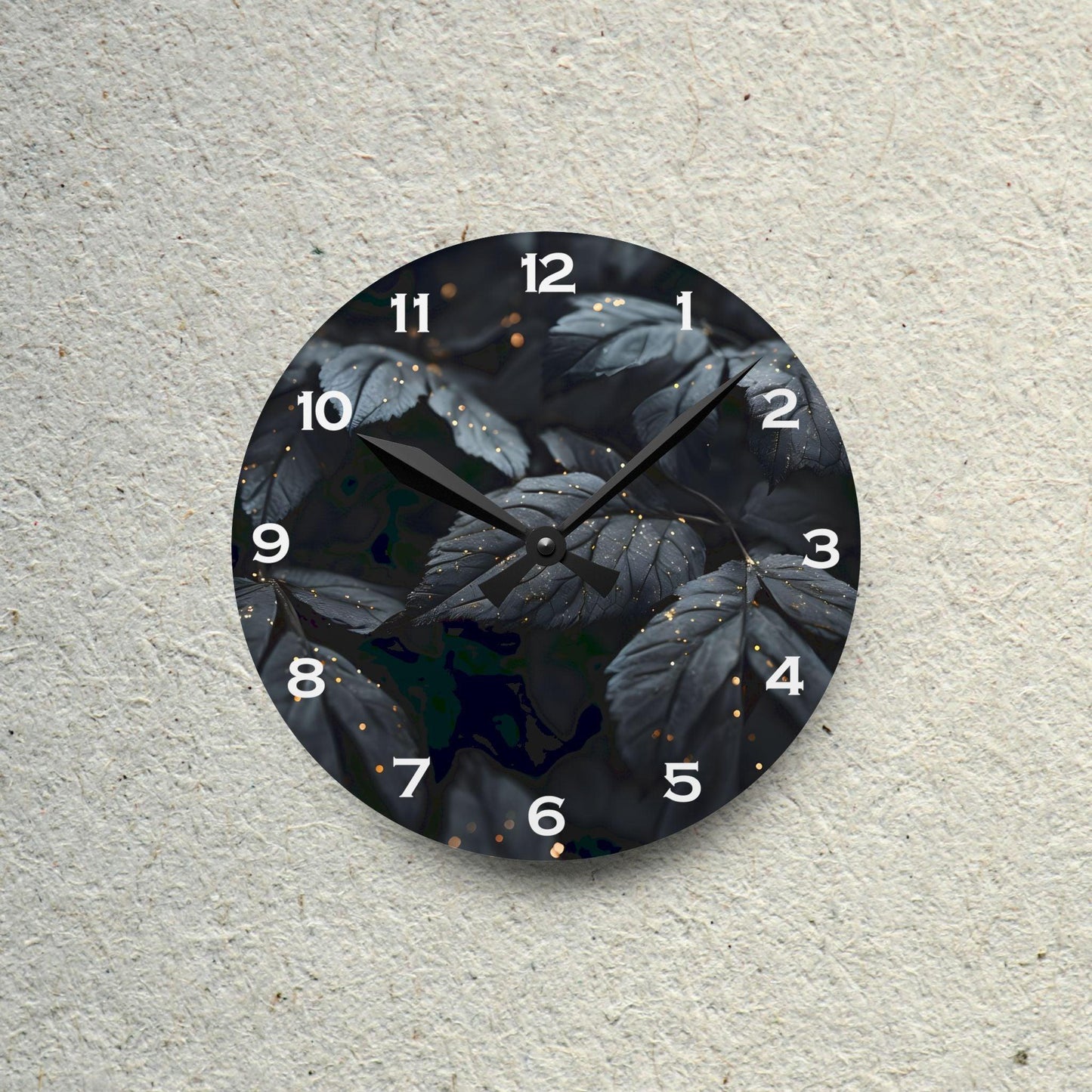 Dark Leaves With Golden Dewdrops Acrylic Wall Clock - Elegant Home Decor - Milestone Acrylic