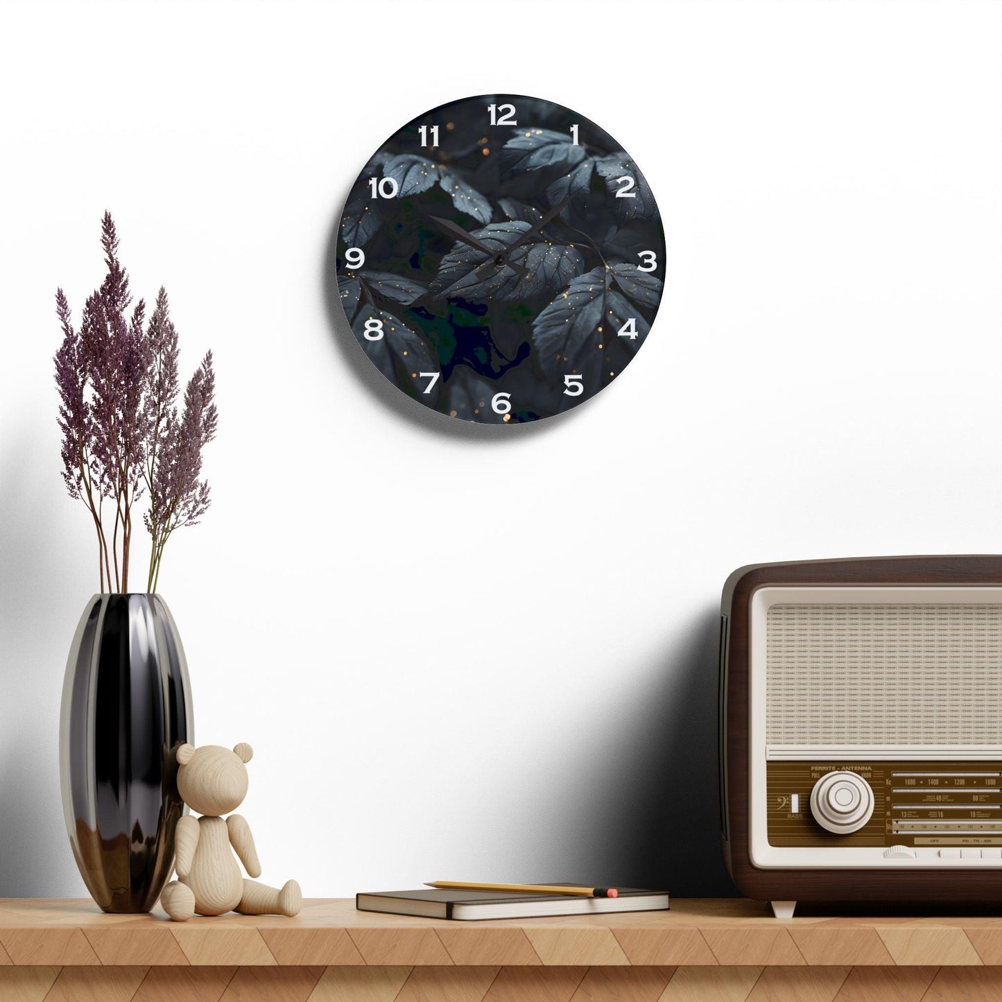 Dark Leaves With Golden Dewdrops Acrylic Wall Clock - Elegant Home Decor - Milestone Acrylic