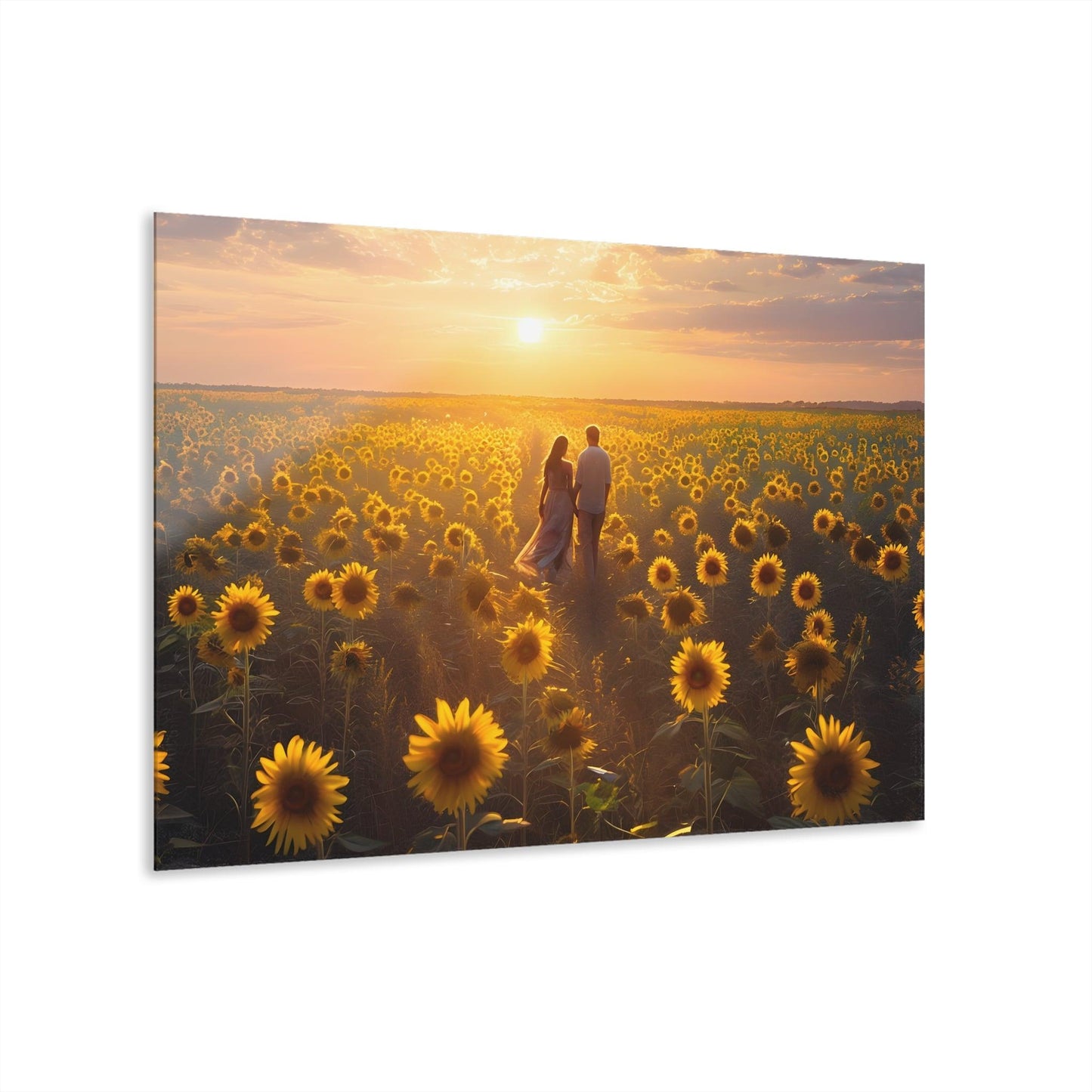 Couple Walks Hand in Hand Through Sunflower Field Acrylic Artwork (Horizontal) - Milestone Acrylic