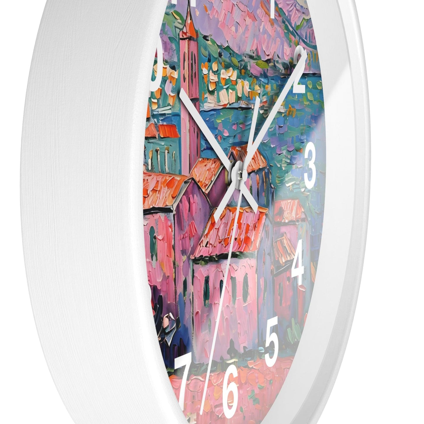 'Impressionist Coastal Village' Wall Clock, Acrylic Glass Face – Stylish Home Decor for Creative Spaces