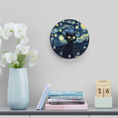 Cat Under Starry Night-Inspired Acrylic Wall Clock - Elegant Home Decor - Milestone Acrylic