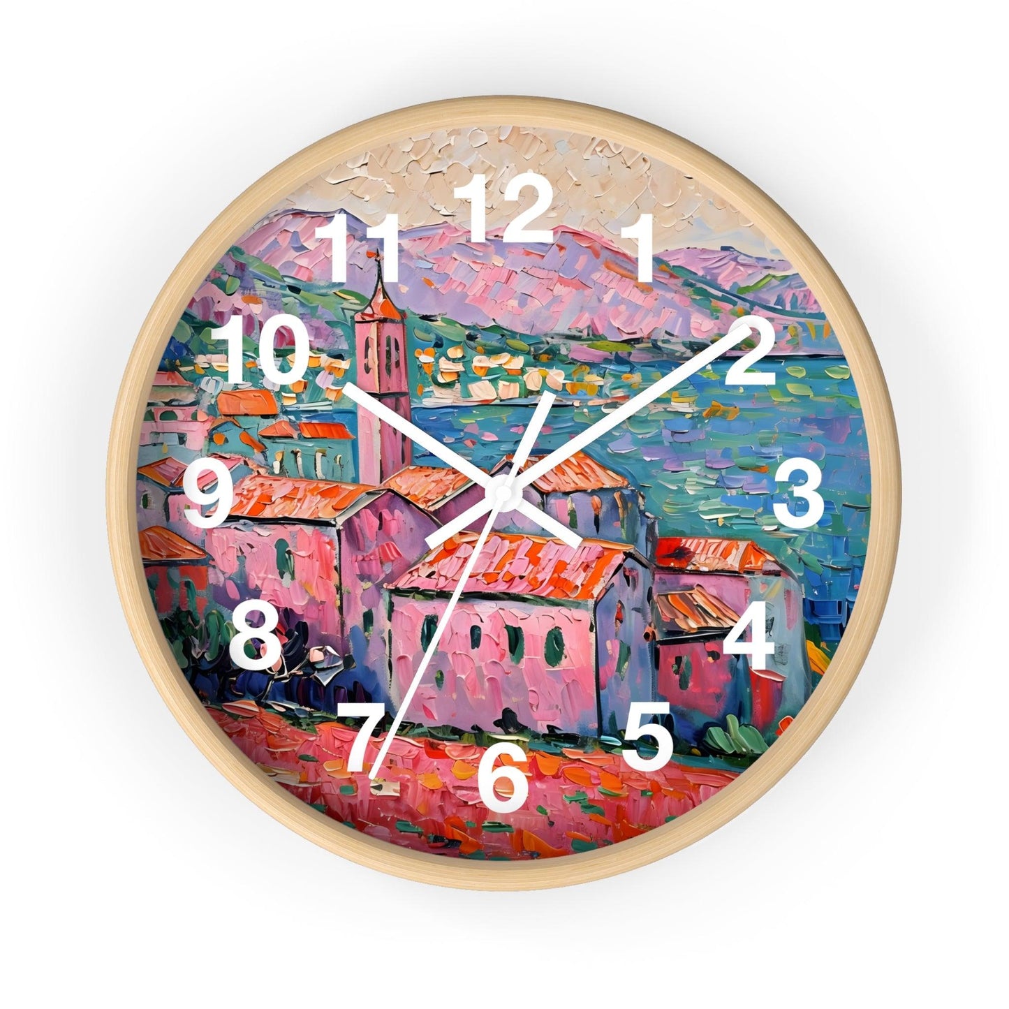 'Impressionist Coastal Village' Wall Clock, Acrylic Glass Face – Stylish Home Decor for Creative Spaces