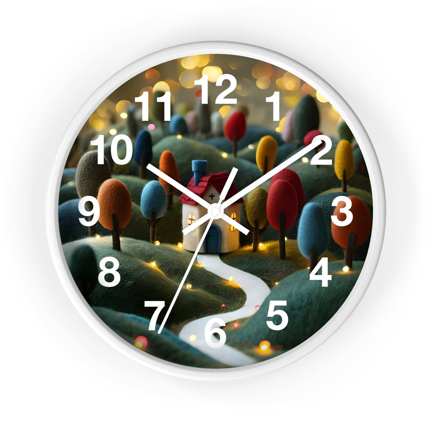 'Whimsical Felt Craft Village Scene with Magical Atmosphere' Wall Clock, Acrylic Glass Face – Stylish Home Decor for Creative Spaces