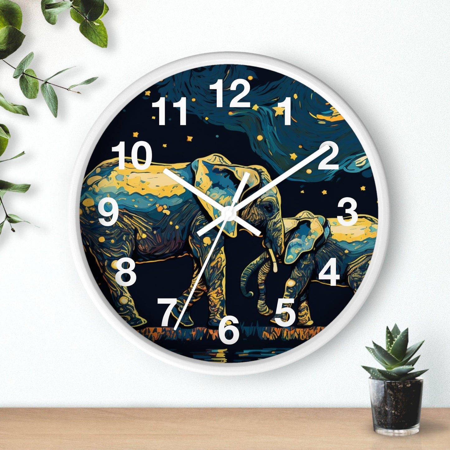 'Starry Night Mother And Baby Elephant' Wall Clock, Acrylic Glass Face – Stylish Home Decor for Creative Spaces