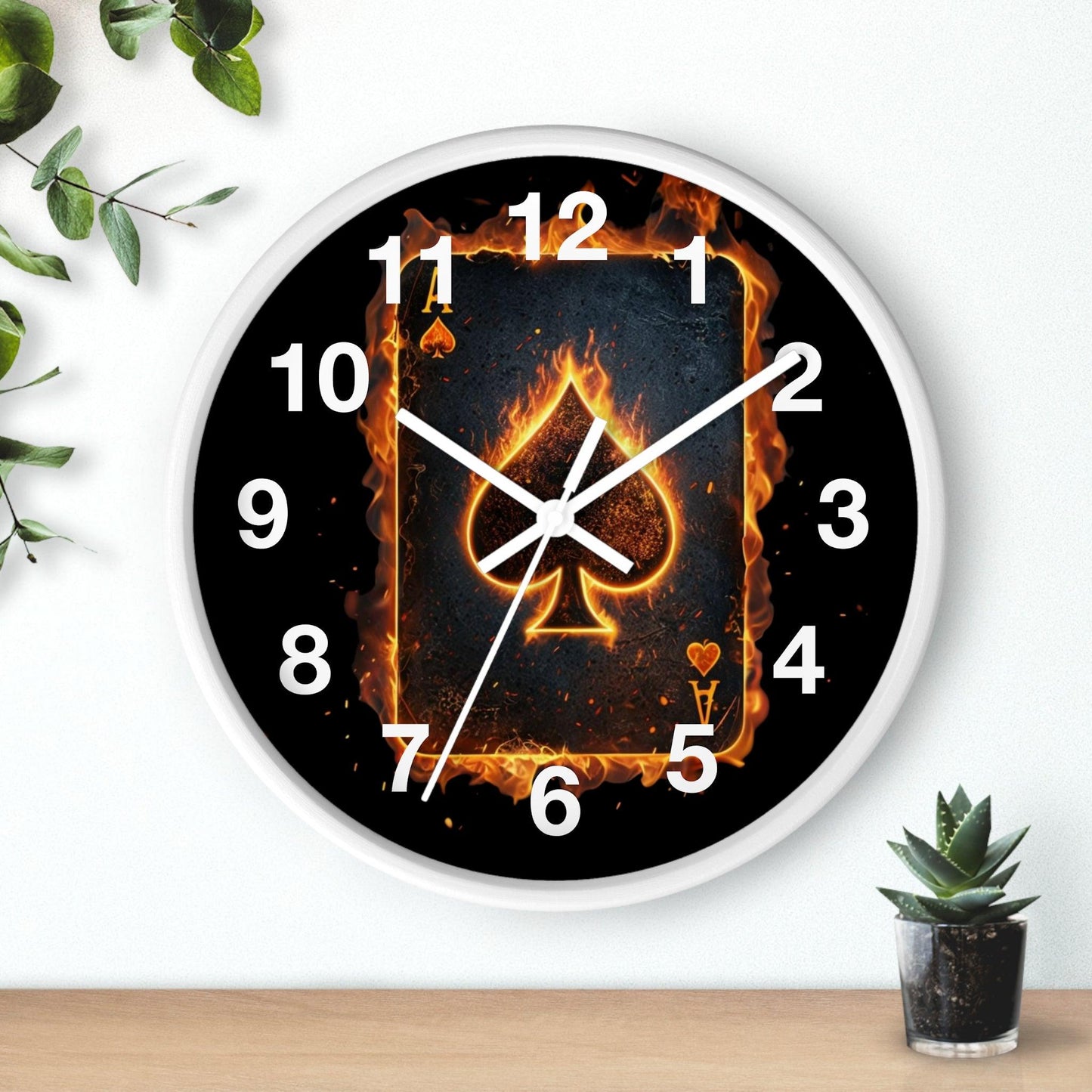 'Ace of Spades Playing Card Engulfed in Intense Flames' Wall Clock, Acrylic Glass Face – Stylish Home Decor for Creative Spaces