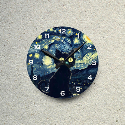 Cat Under Starry Night-Inspired Acrylic Wall Clock - Elegant Home Decor - Milestone Acrylic