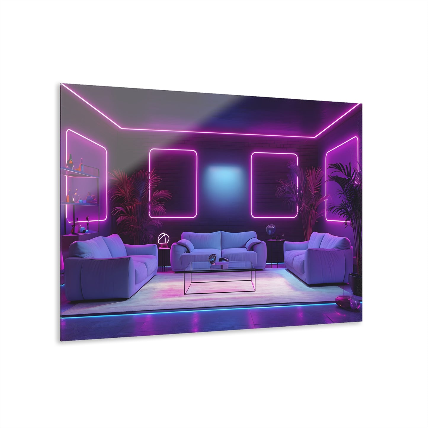 Modern Neon-Lit Living Room With Futuristic Ambiance, Acrylic Glass, Wall art