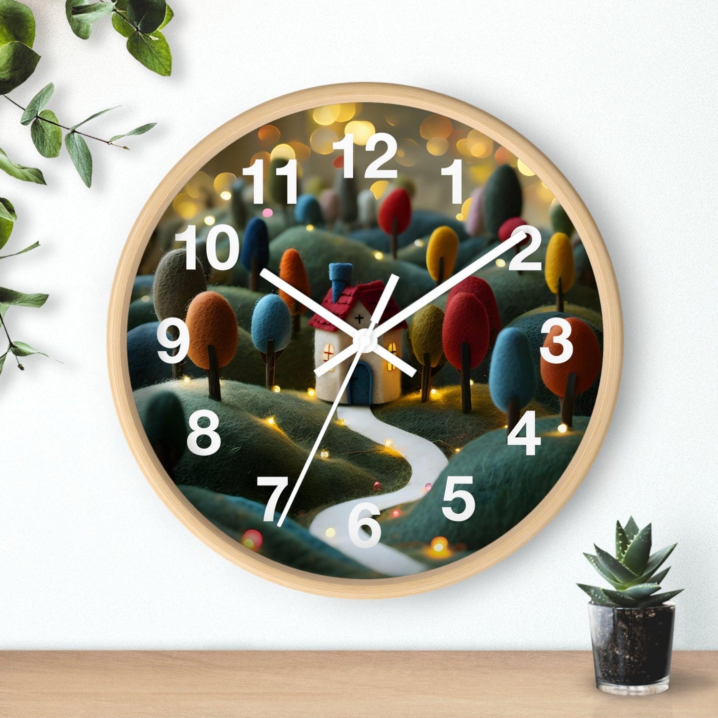 'Whimsical Felt Craft Village Scene with Magical Atmosphere' Wall Clock, Acrylic Glass Face – Stylish Home Decor for Creative Spaces