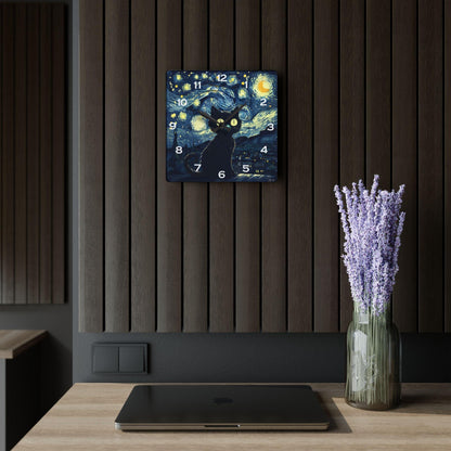 Cat Under Starry Night-Inspired Acrylic Wall Clock - Elegant Home Decor - Milestone Acrylic