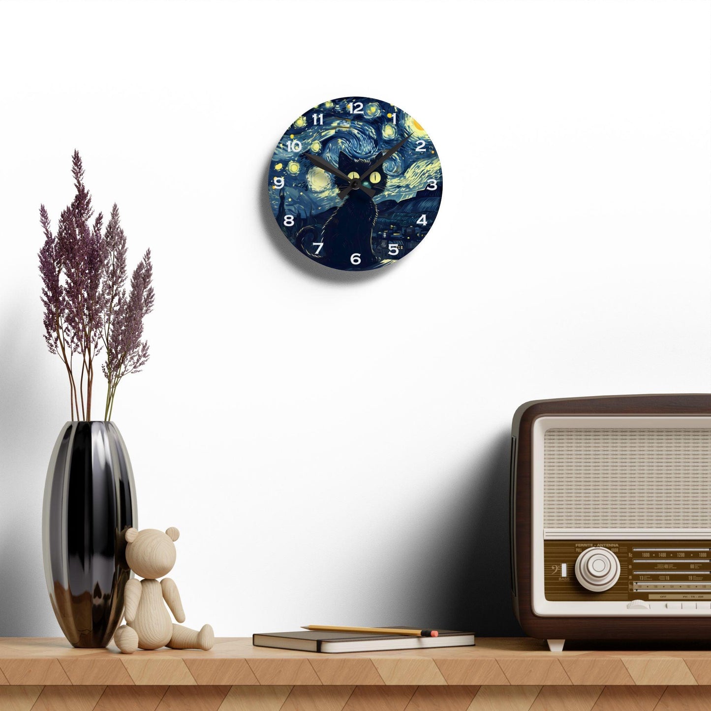 Cat Under Starry Night-Inspired Acrylic Wall Clock - Elegant Home Decor - Milestone Acrylic