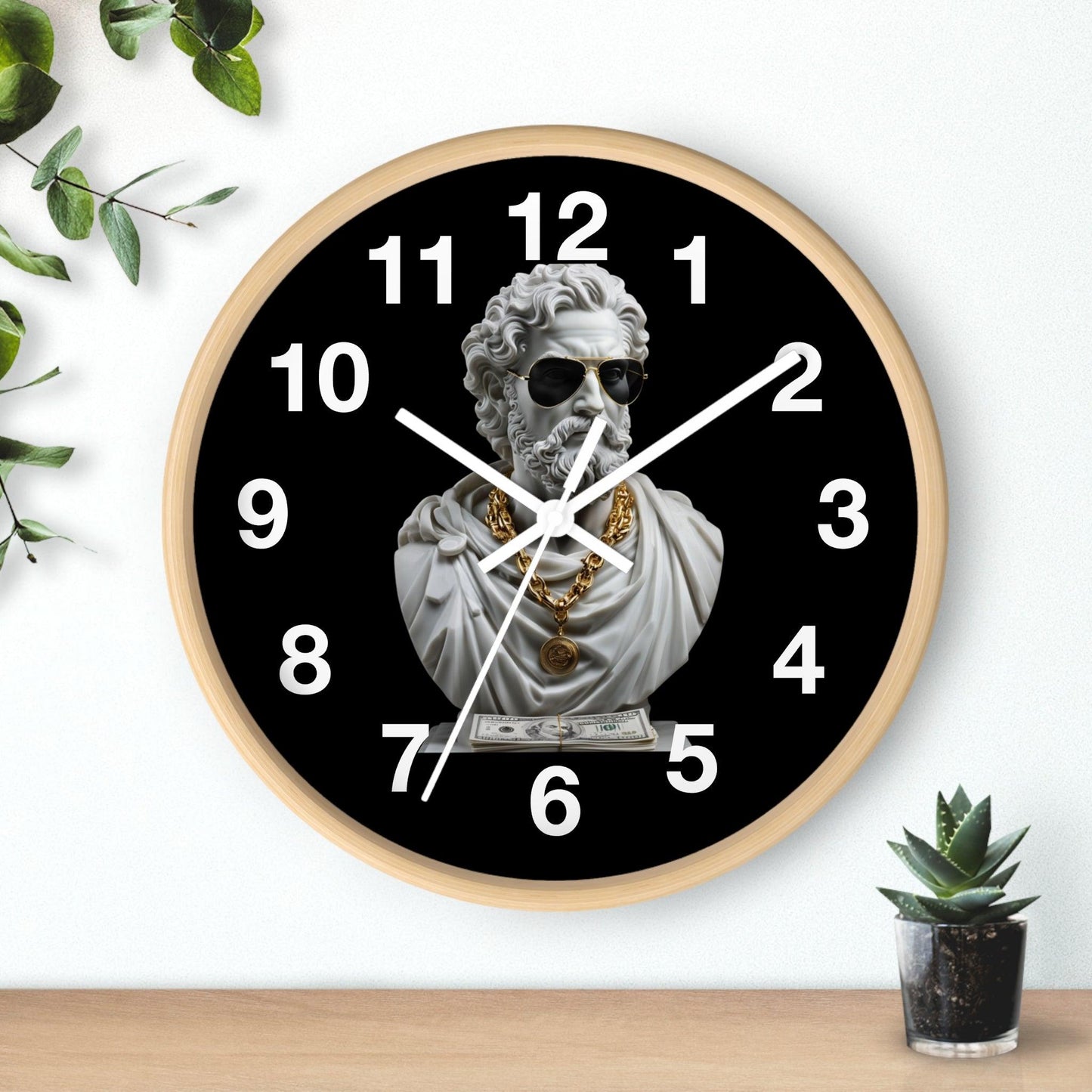 'Classical Marble Sculpture With Modern Sunglasses And Gold Chains' Wall Clock, Acrylic Glass Face – Stylish Home Decor for Creative Spaces