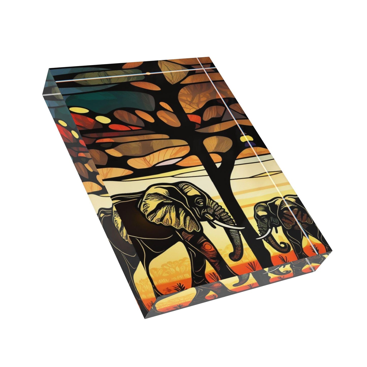 'Mother & Baby Elephant Facing Each Other' Acrylic Display Block - Milestone Acrylic