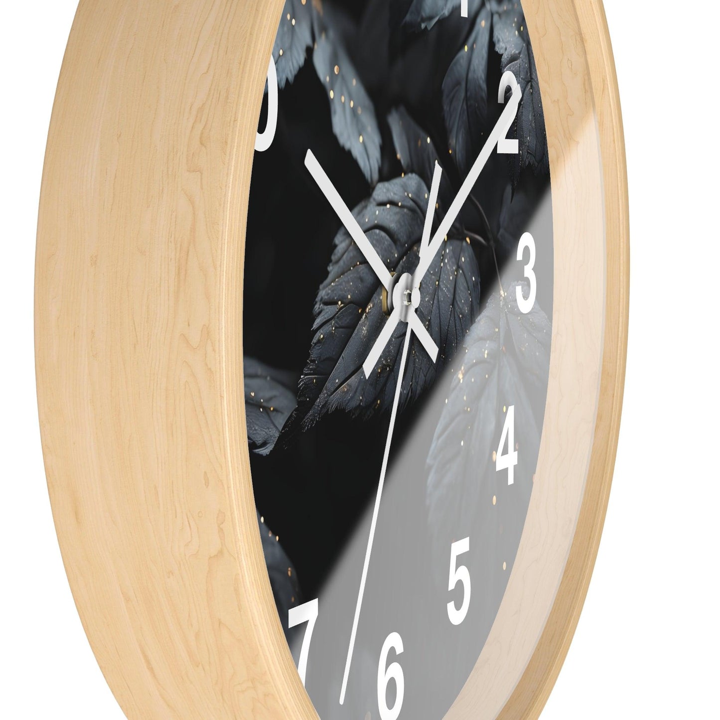 'Dark Leaves With Golden Dewdrops' Wall Clock, Acrylic Glass Face – Stylish Home Decor for Creative Spaces