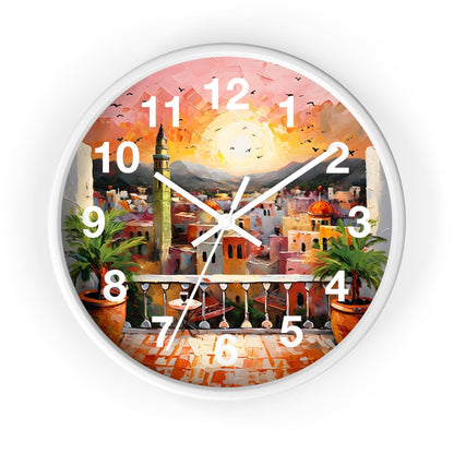 'Sunset Over Arabian City With Lush Terrace' Wall Clock, Acrylic Glass Face – Stylish Home Decor for Creative Spaces