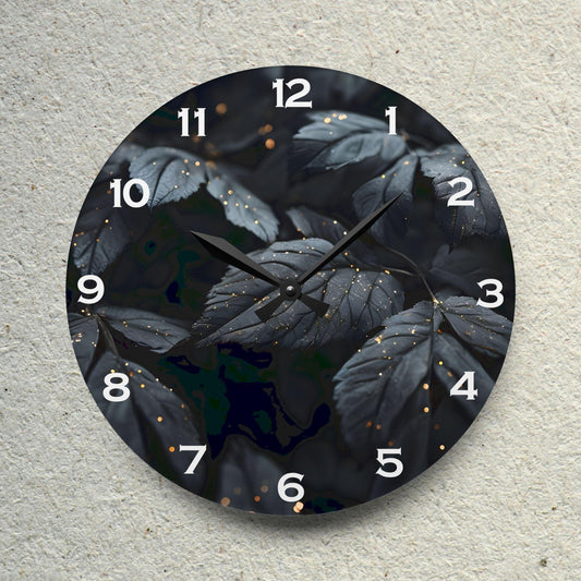 Dark Leaves With Golden Dewdrops Acrylic Wall Clock - Elegant Home Decor - Milestone Acrylic