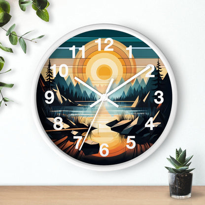 'Geometric Landscape, Calm Water And Vibrant Sky' Wall Clock, Acrylic Glass Face – Stylish Home Decor for Creative Spaces