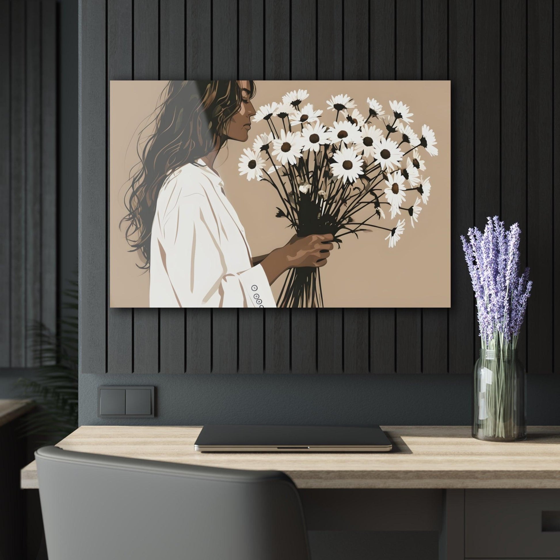 Minimalist Profile with Large Bouquet of Daisies Acrylic Artwork (Horizontal) - Milestone Acrylic