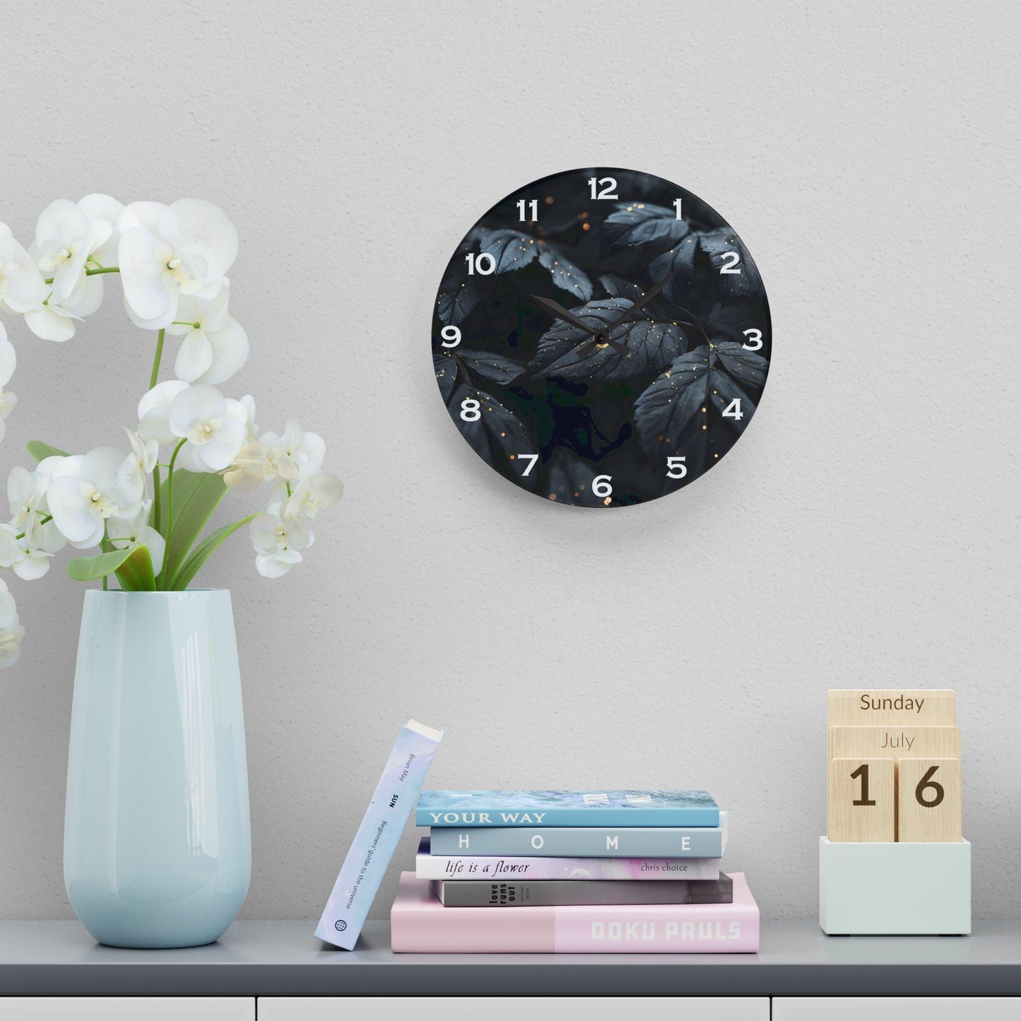 Dark Leaves With Golden Dewdrops Acrylic Wall Clock - Elegant Home Decor - Milestone Acrylic