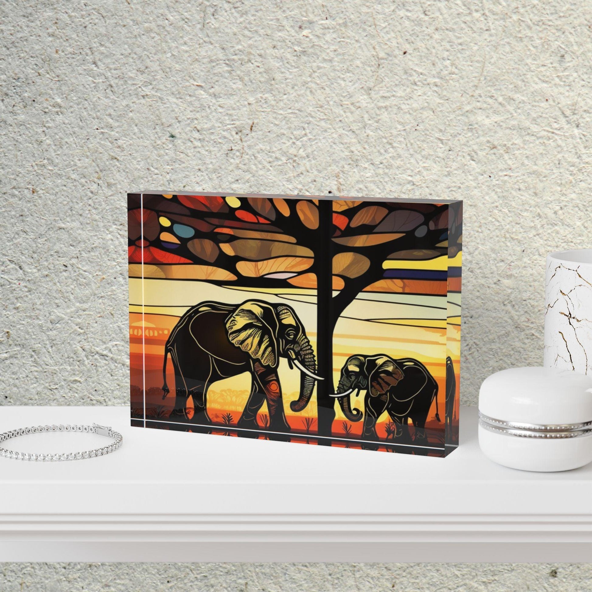 'Mother & Baby Elephant Facing Each Other' Acrylic Display Block - Milestone Acrylic