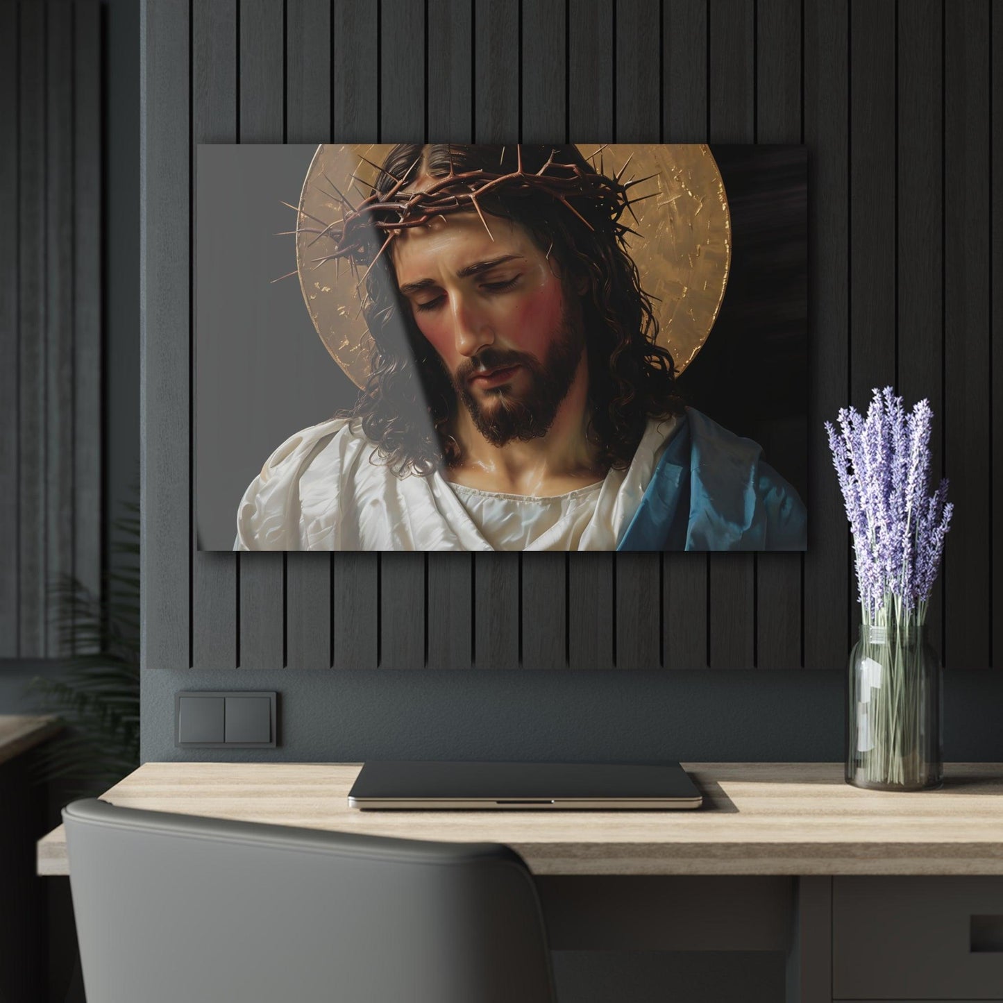 Traditional Portrait of Jesus Christ With Halo and Crown of Thorns Custom Acrylic Artwork (Horizontal) - Milestone Acrylic