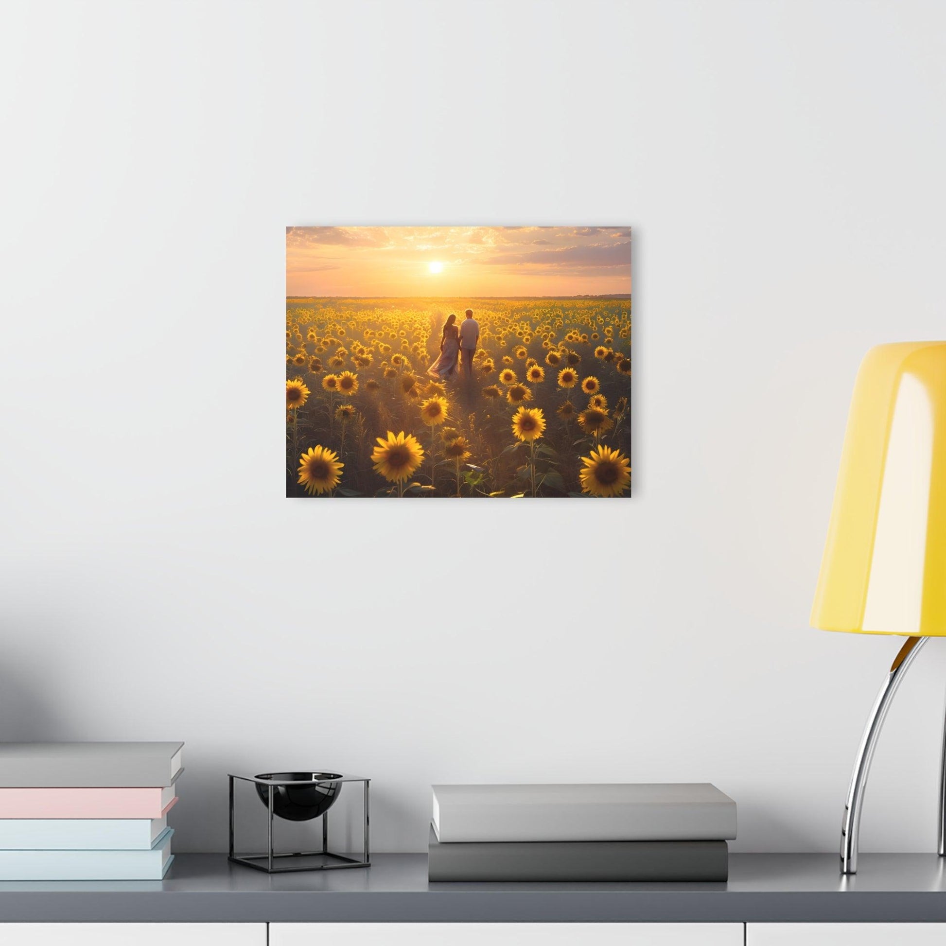 Couple Walks Hand in Hand Through Sunflower Field Acrylic Artwork (Horizontal) - Milestone Acrylic