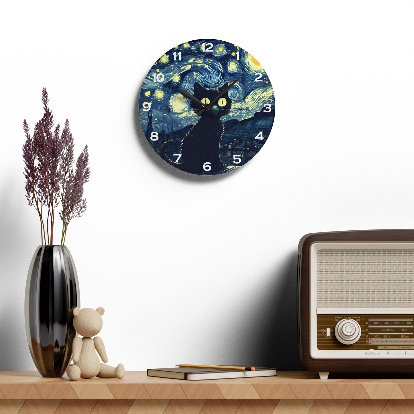 Cat Under Starry Night-Inspired Acrylic Wall Clock - Elegant Home Decor - Milestone Acrylic