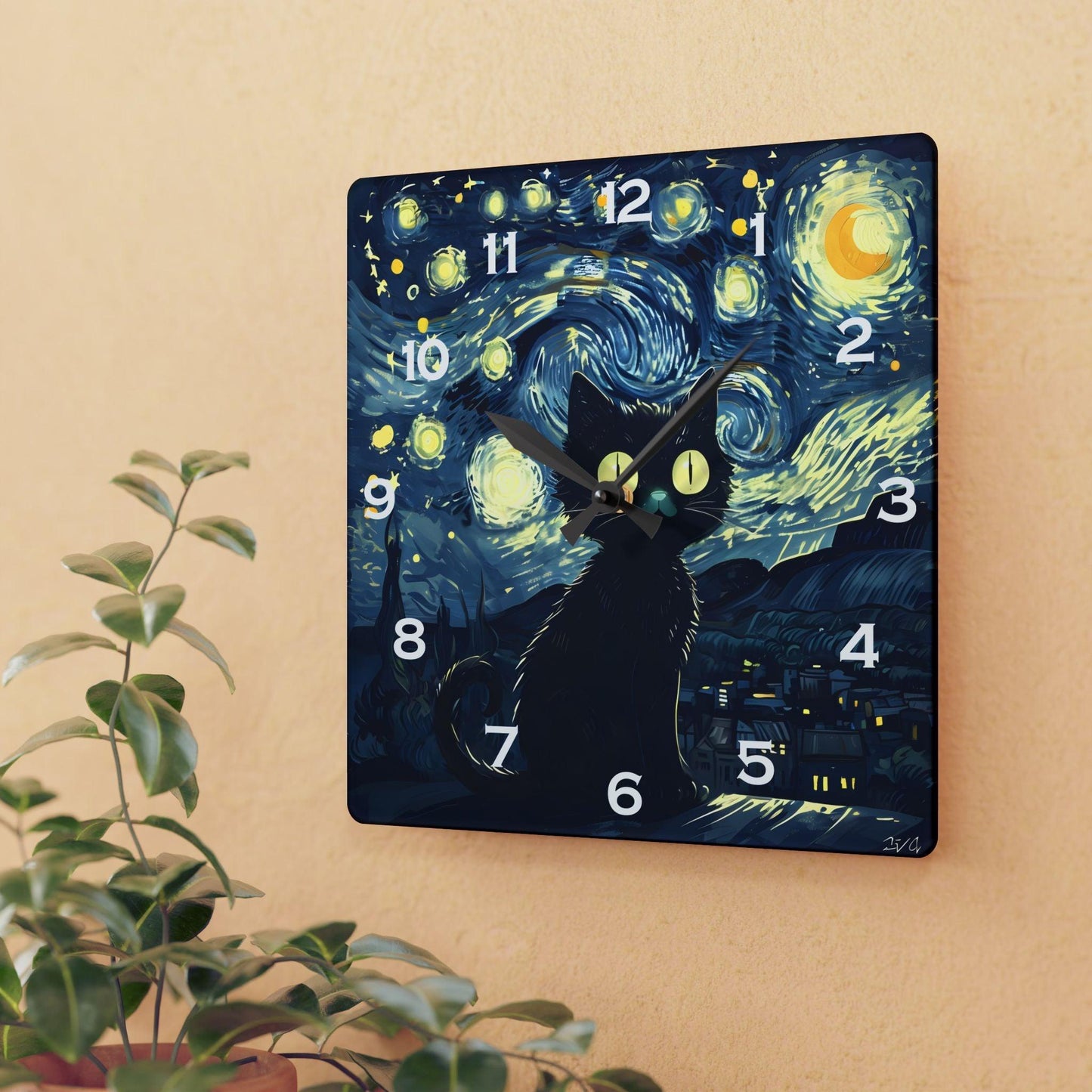 Cat Under Starry Night-Inspired Acrylic Wall Clock - Elegant Home Decor - Milestone Acrylic